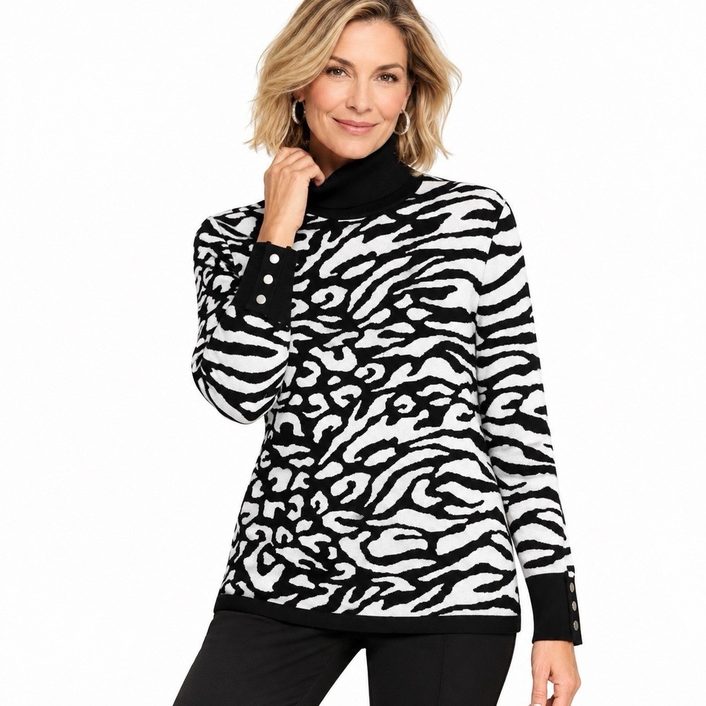 Chico's Size 1 M Mixed Animal Print Turtleneck Sweater Zebra Leopard Black White